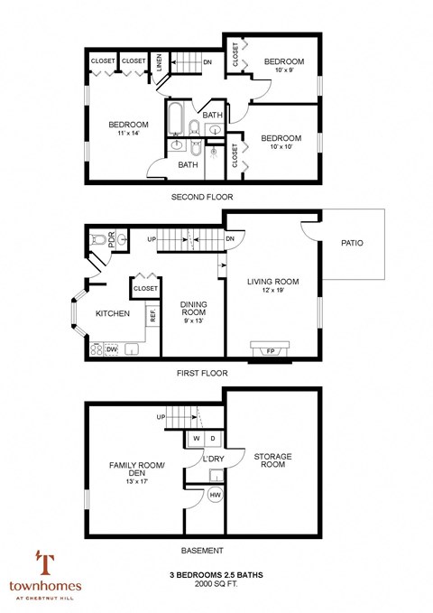 2 Bedroom 2.5 Bath Floor Plan at Chestnut Hill Village, Philadelphia